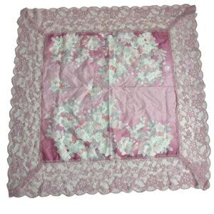 VTG Kawaii Pink Japanese Floral Lace Trim Cherry Blossom Handkerchief Fairycore